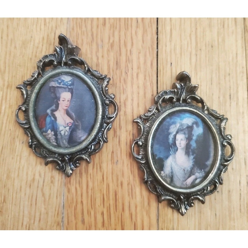 Set of Antique Mini Victorian Ornate Italian Silk Cameo Art Picture Brass Frames